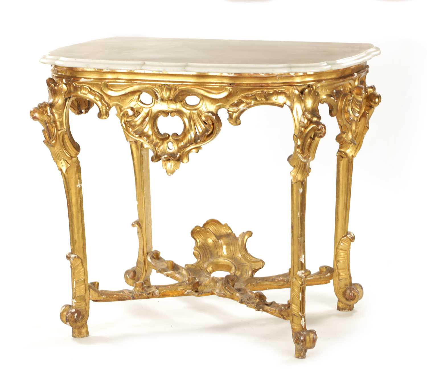 AN 18TH CENTURY CARVED GILTWOOD CONSOLE TABLE