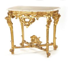 AN 18TH CENTURY CARVED GILTWOOD CONSOLE TABLE