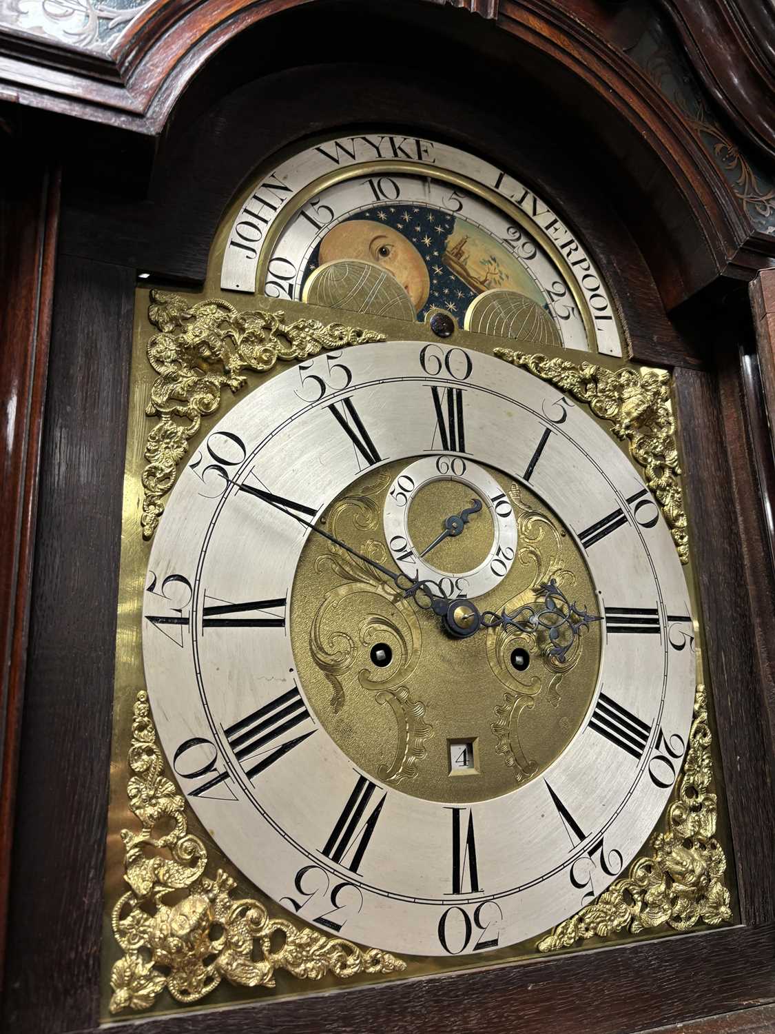 JOHN WYKE, LIVERPOOL. AN EARLY GEORGE III FIGURED MAHOGANY EIGHT DAY LONGCASE CLOCK - Image 12 of 16