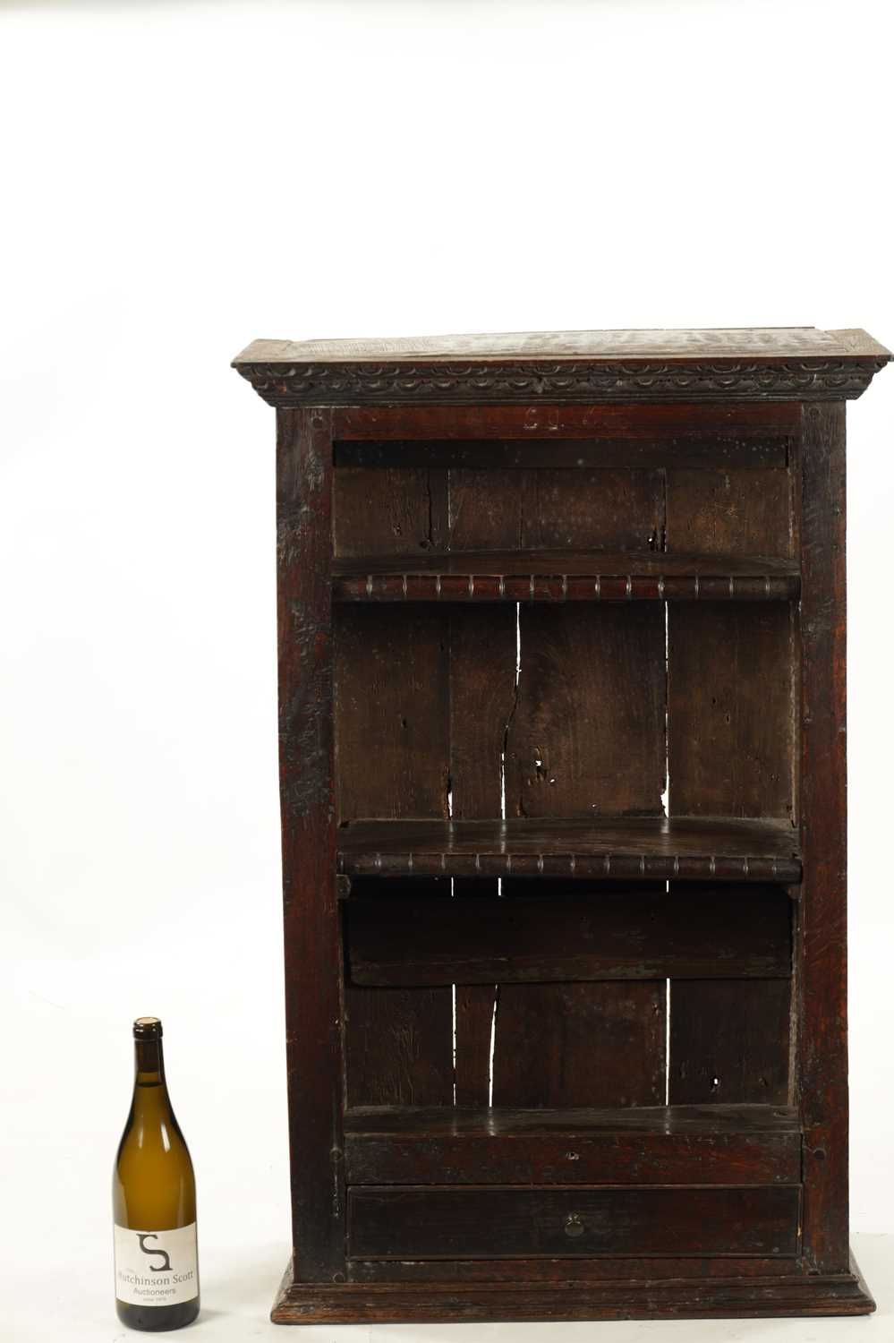 A 17TH CENTURY OAK HANGING OPEN SPICE RACK WITH FITTED DRAWER - Image 2 of 8