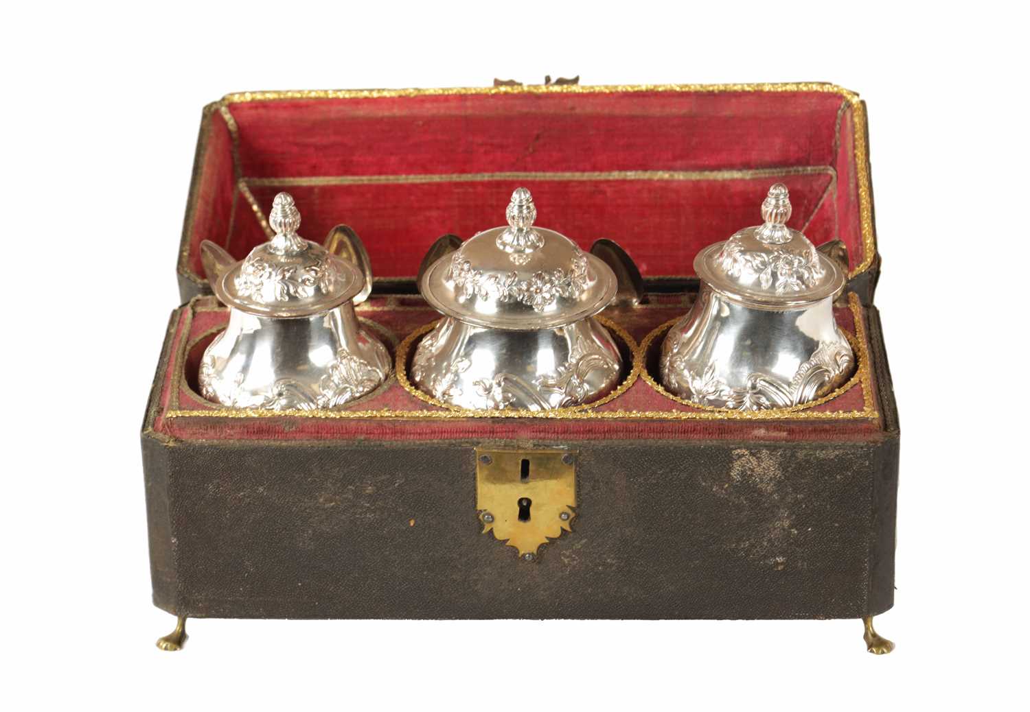 A GOOD GEORGE III SHAGREEN CASED SET OF THREE OLD SHEFFIELD TEA CADDIES