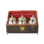 A GOOD GEORGE III SHAGREEN CASED SET OF THREE OLD SHEFFIELD TEA CADDIES