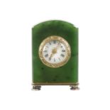 A 19TH CENTURY FABERGE STYLE CONTINENTAL NEPHRITE AND SILVER BOUDOIR CLOCK