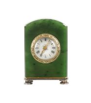 A 19TH CENTURY FABERGE STYLE CONTINENTAL NEPHRITE AND SILVER BOUDOIR CLOCK