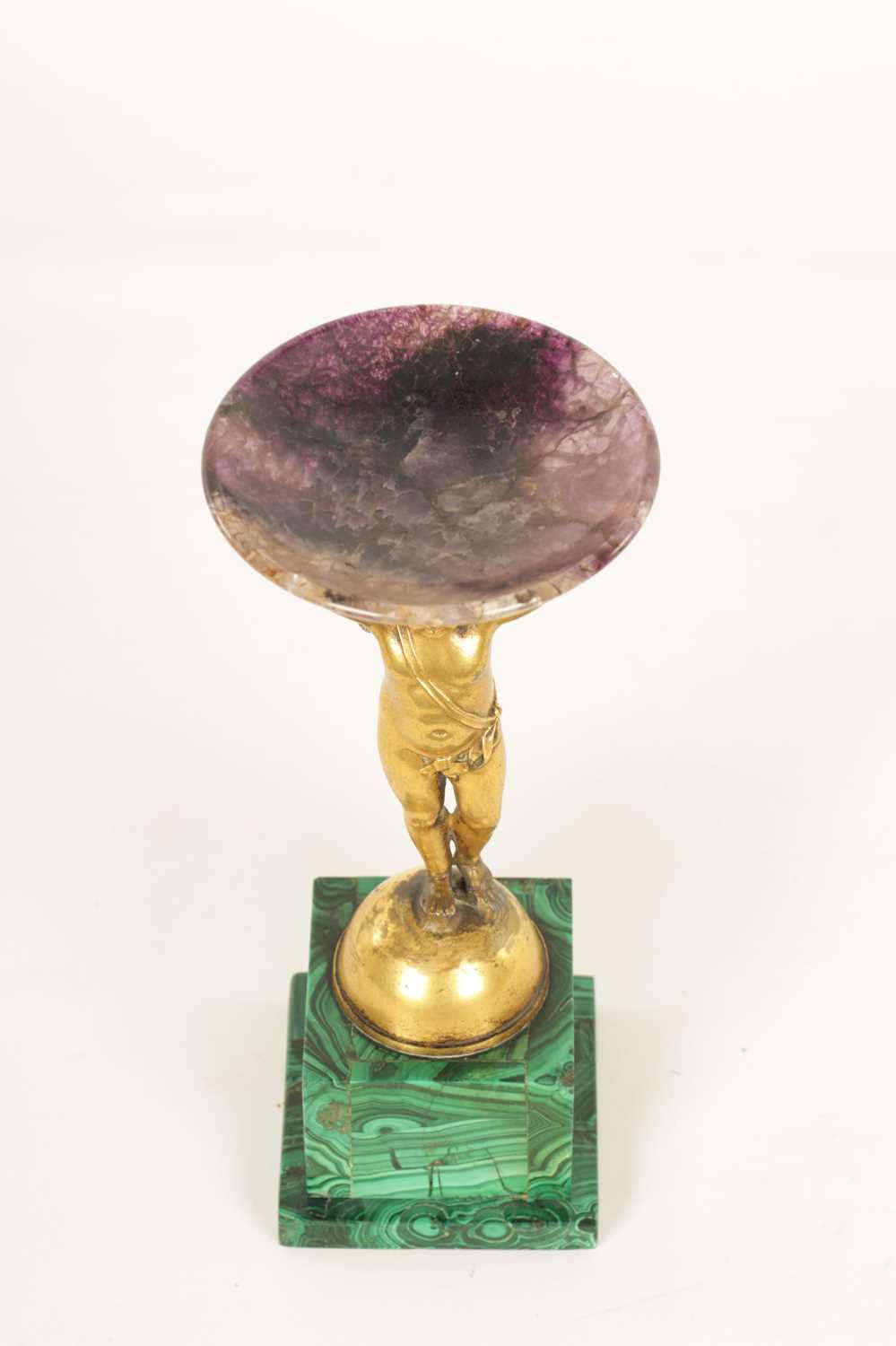 A REGENCY FIGURAL GILT BRONZE, MALACHITE AND BLUE JOHN TAZZA - Image 8 of 11