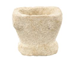 AN EARLY MEDIEVAL STYLE CARVED MARBLE SQUARE SHAPED MORTAR