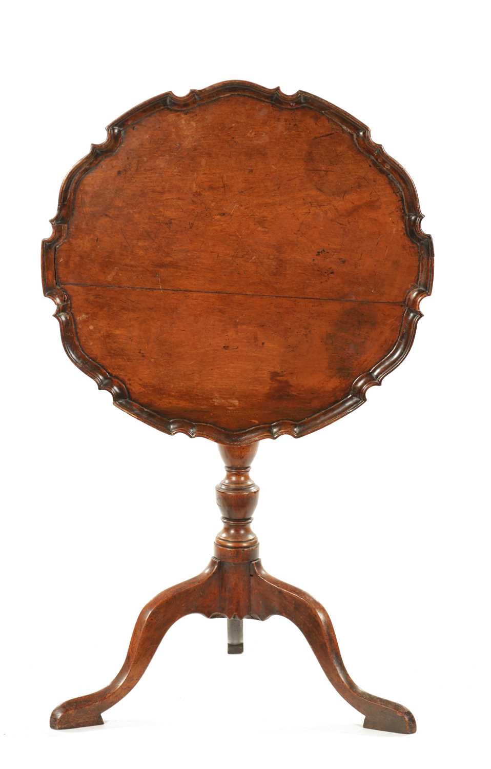 AN 18TH CENTURY COUNTRY MADE MAHOGANY TILT TOP TRIPOD TABLE