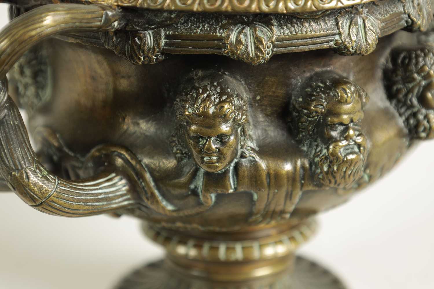A 19TH-CENTURY CAST BRONZE PEDESTAL BOWL MODELLED ON THE WARWICK VASE - Image 6 of 9