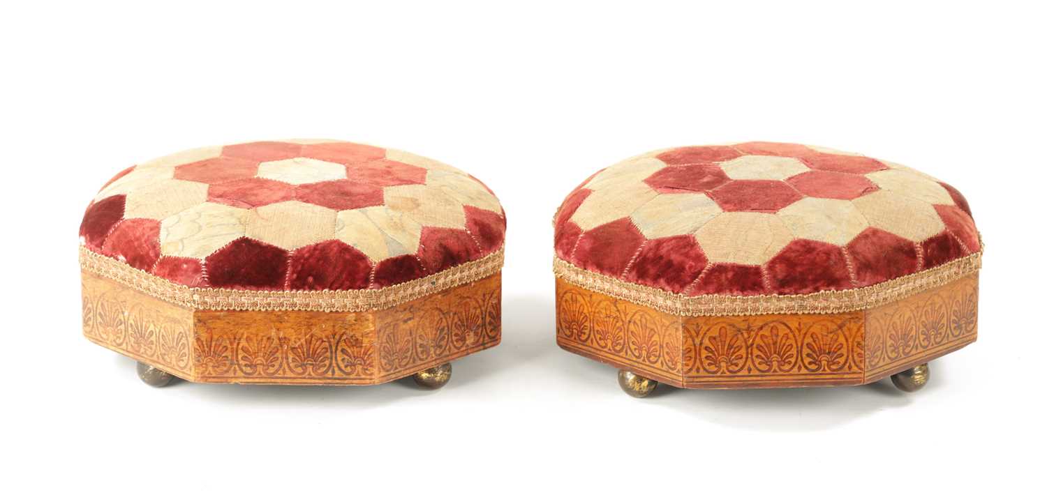 A PAIR OF REGENCY 'BULLOCK' INSPIRED PENWORK UPHOLSTERED FOOTSTOOLS