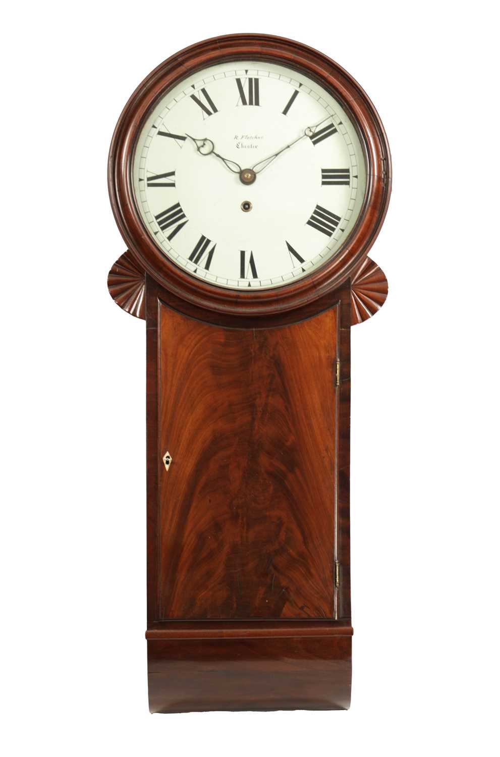 R. FLETCHER, CHESTER. A GOOD GEORGE III MAHOGANY EIGHT-DAY WEIGHT DRIVEN TRUNK DIAL WALL CLOCK