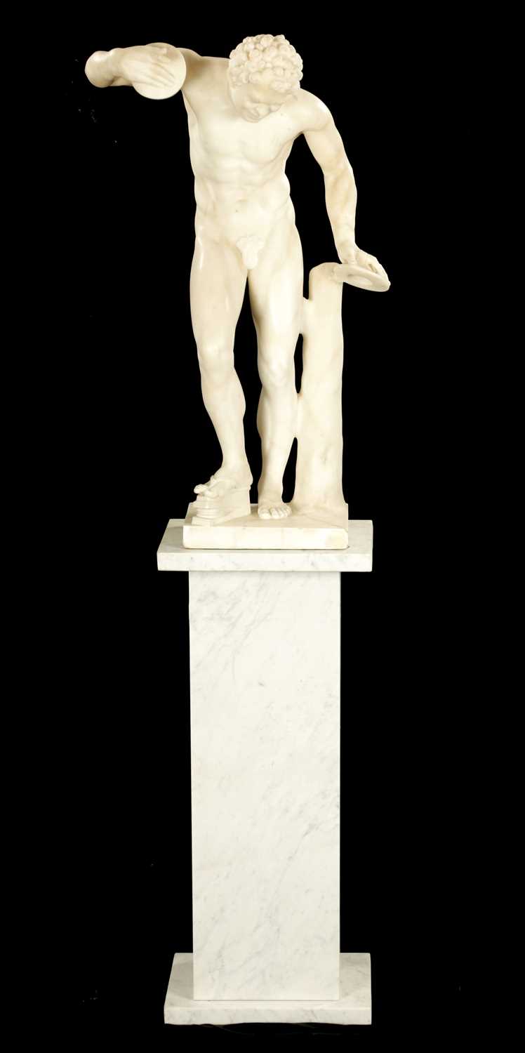 A 19TH CENTURY ITALIAN CARRERA MARBLE SCULPTURE OF A DANCING FAUN ON LATER SQUARE COLUMN BASE - Image 6 of 8