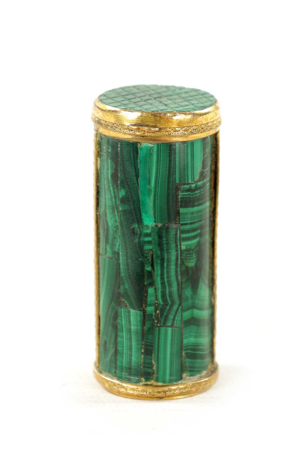 A 19TH CENTURY ORMOLU MOUNTED MALACHITE LIDDED CANNISTER