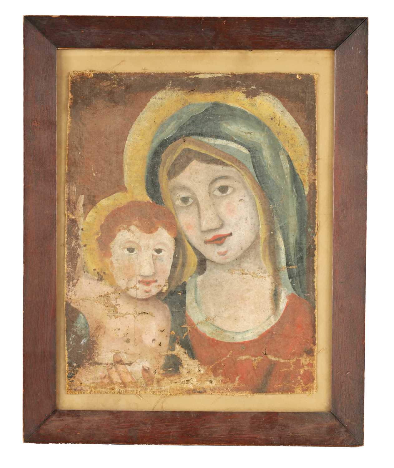 AN INTERESTING EARLY OIL ON CANVAS MADONNA AND CHILD