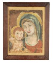 AN INTERESTING EARLY OIL ON CANVAS MADONNA AND CHILD