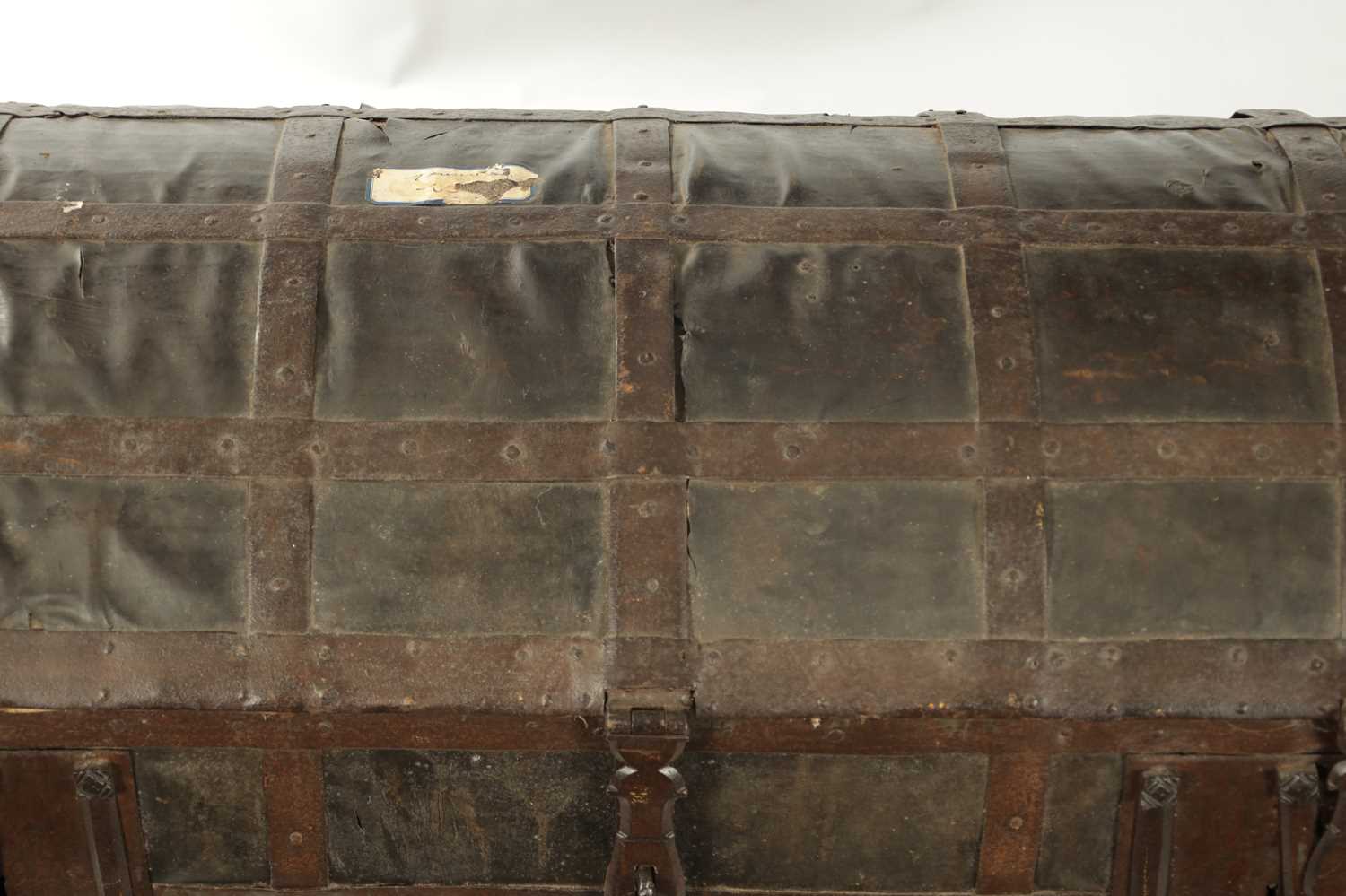 A RARE 17TH CENTURY DOMED TOP IRON BOUND LEATHER COVERED COFFER - Image 7 of 8