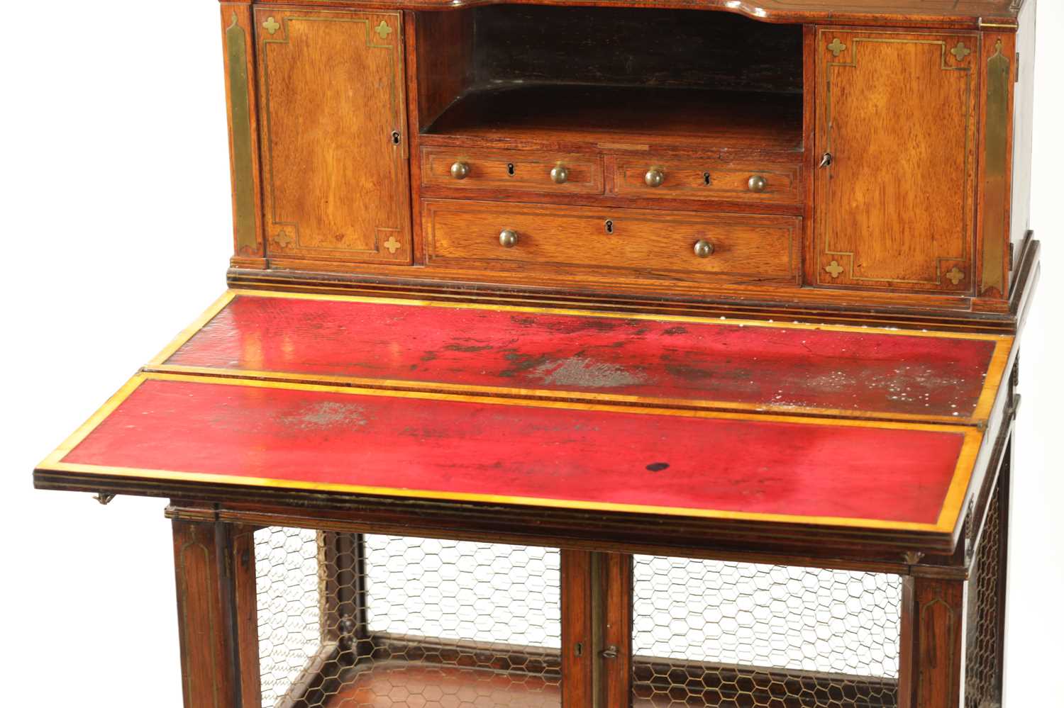 A FINE REGENCY BRASS INLAID ROSEWOOD BONHEUR DE JOUR IN THE MANNER OF JOHN MCLEAN - Image 13 of 14