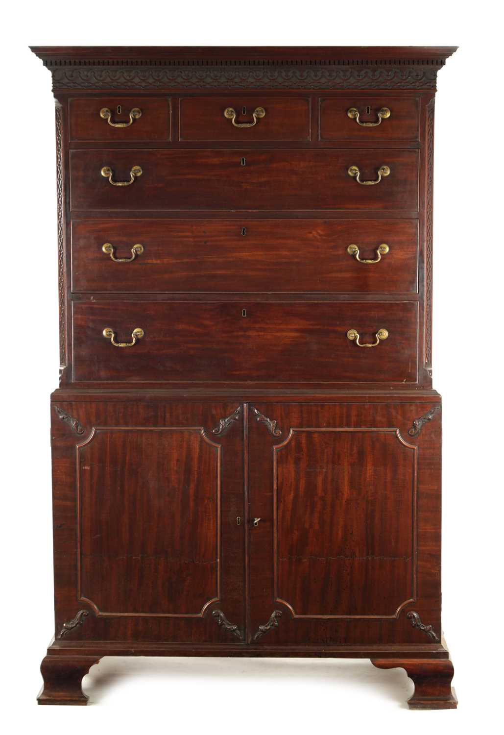 A FINE GEORGE III CHIPPENDALE DESIGN MAHOGANY SECRETAIRE CHEST ON CABINET FROM THE LILFORD ESTATE