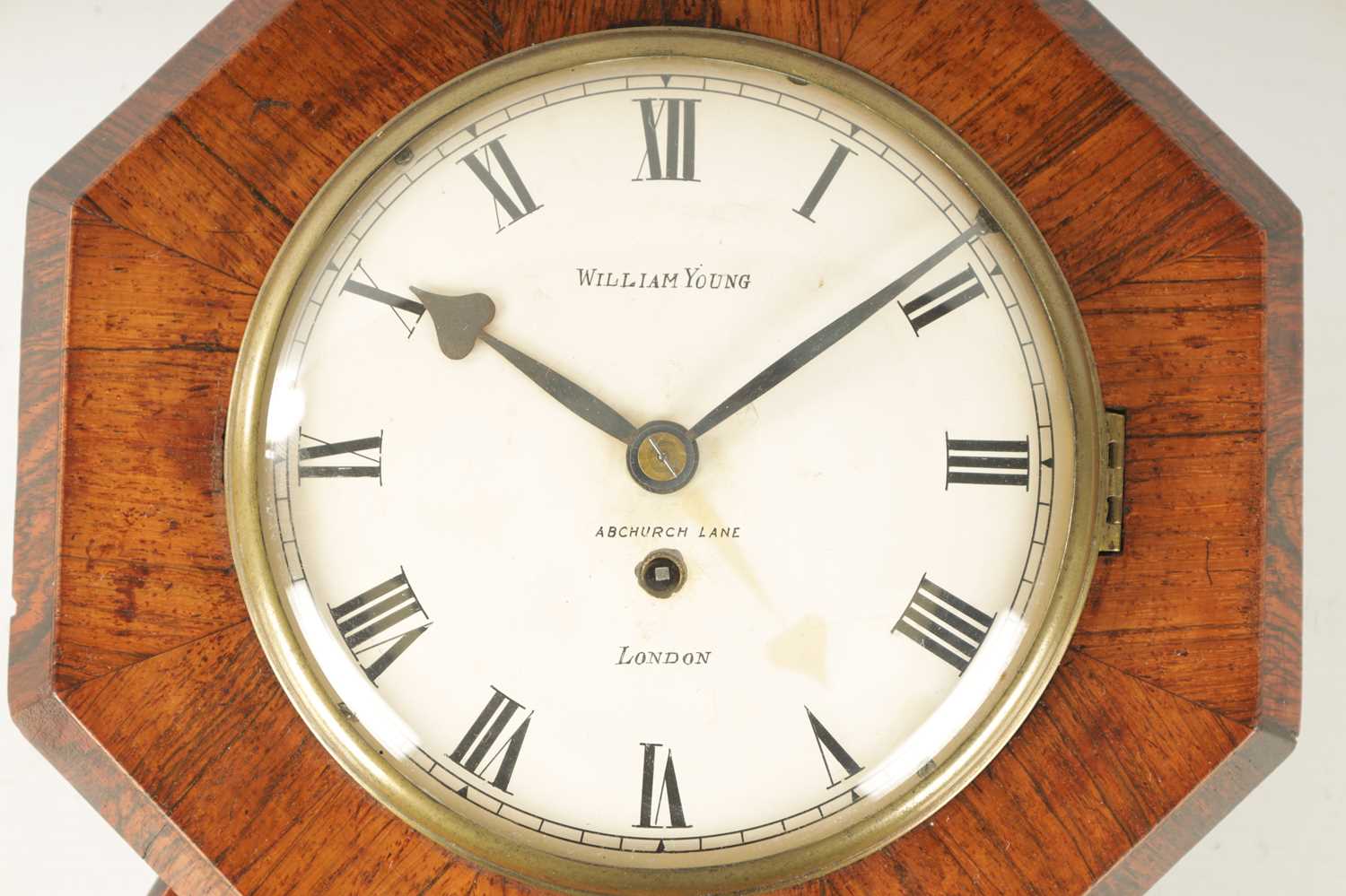 WILLIAM YOUNG, ABCHURCH LANE, LONDON. A RARE 19TH CENTURY 6” CONVEX ROSEWOOD DROP DIAL WALL CLOCK - Image 3 of 8