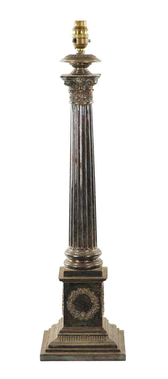 A 19TH CENTURY SILVER PLATED CORINTHIAN COLUMN TABLE LAMP