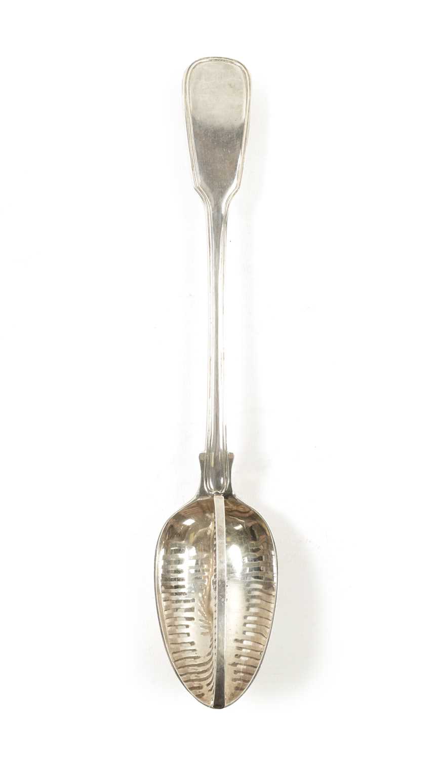 A VICTORIAN SILVER FIDDLE AND THREAD PATTERN STRAINING SPOON