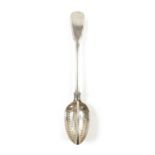 A VICTORIAN SILVER FIDDLE AND THREAD PATTERN STRAINING SPOON