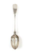 A VICTORIAN SILVER FIDDLE AND THREAD PATTERN STRAINING SPOON