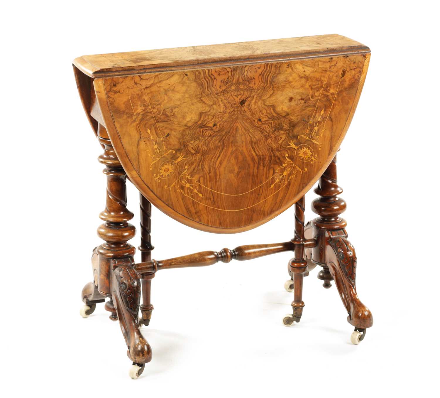 A 19TH CENTURY INLAID WALNUT MINIATURE SUTHERLAND TABLE