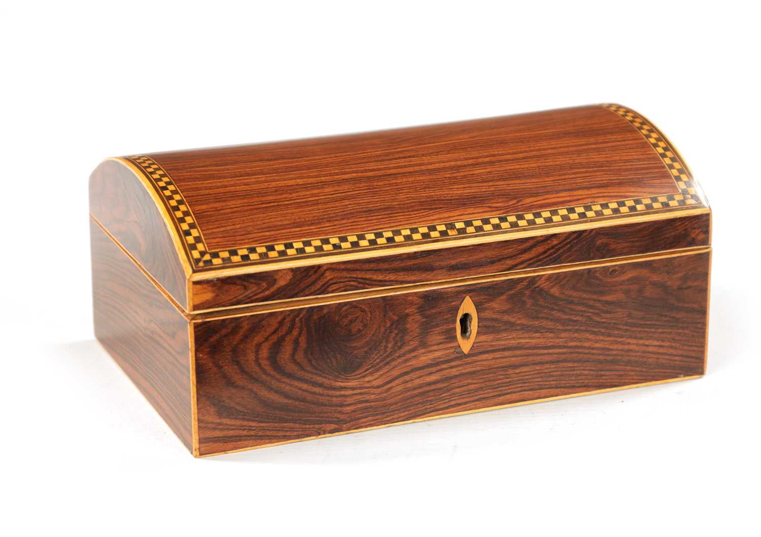 A GEORGE III DOME TOPPED TULIP WOOD AND CHEQUER-BANDED BOX