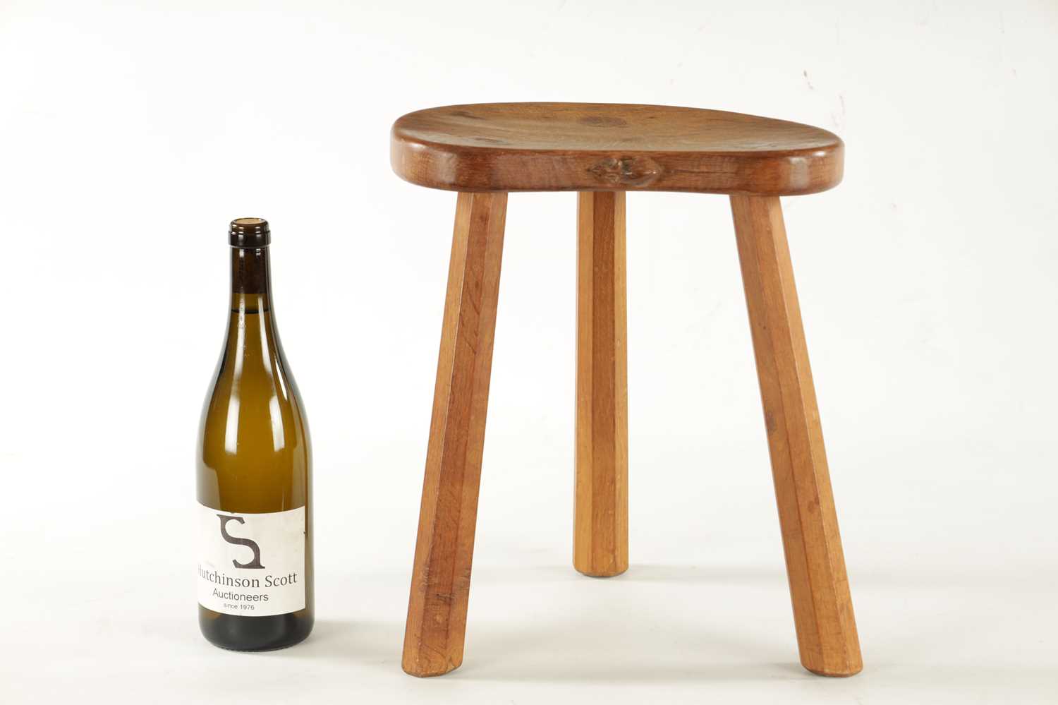 A ROBERT 'MOUSEMAN' THOMPSON AZED OAK THREE-LEGGED STOOL - Image 3 of 5