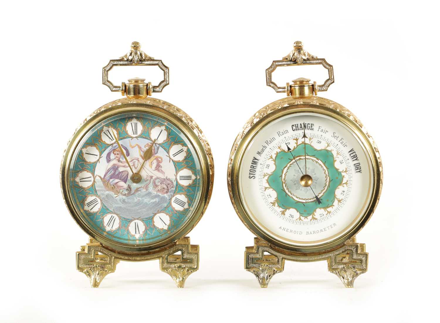A LATE 19TH CENTURY DESK CLOCK AND BAROMETER SET