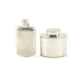 A VICTORIAN SILVER HIPFLASK AND AN EDWARDIAN SILVER TEA CADDY