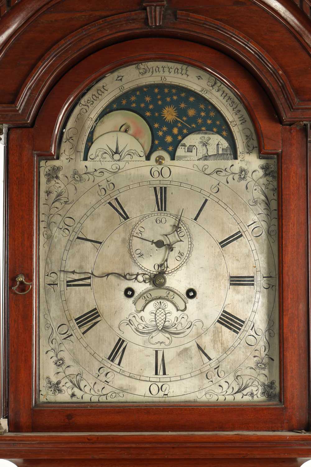 ISAAC SHARRATT, BURSLEM. A GEORGE III FIGURED MAHOGANY LONGCASE CLOCK - Image 2 of 7