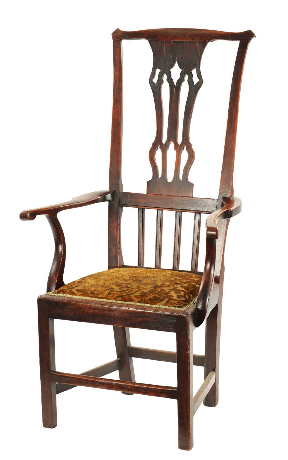 AN UNUSUAL 18TH CENTURY TALL BACK COUNTRY ELM SPLAT BACK ARMCHAIR
