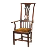 AN UNUSUAL 18TH CENTURY TALL BACK COUNTRY ELM SPLAT BACK ARMCHAIR