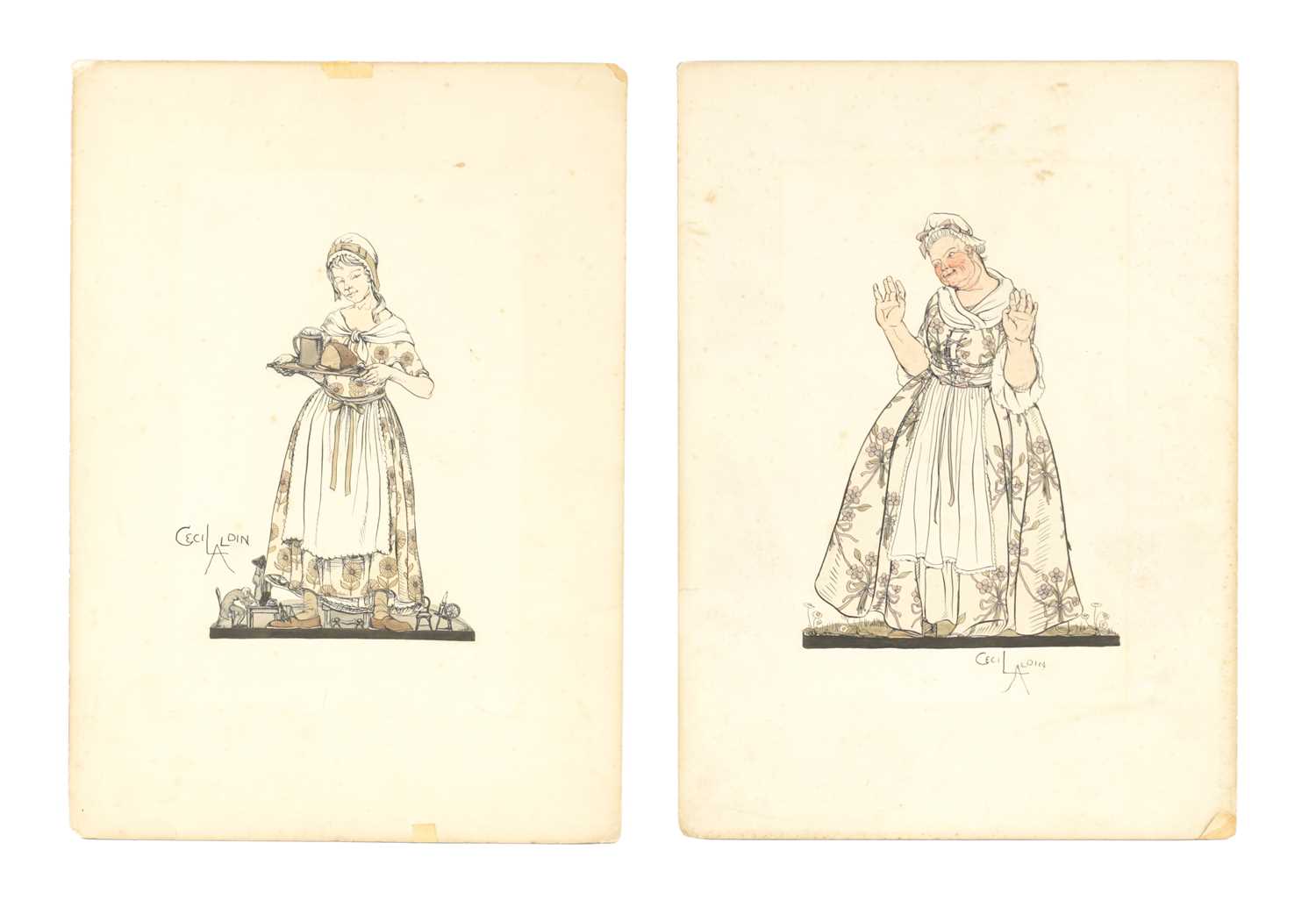 CECIL ALDIN (1870-1935) TWO PEN AND INK DRAWINGS OF A MAID AND MISTRESS