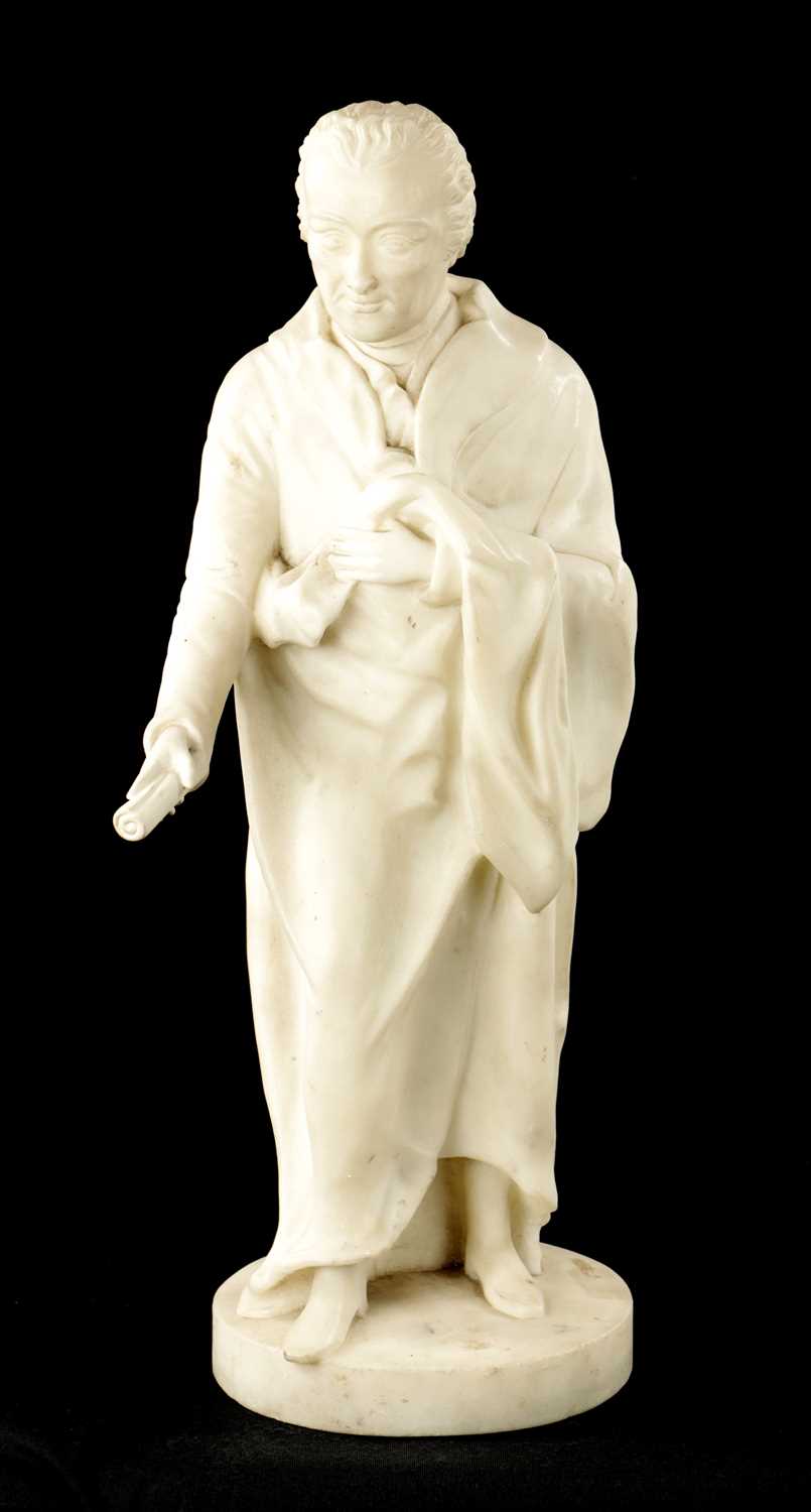 A 19TH CENTURY CARVED WHITE MARBLE SCULPTURE OF A SCHOLAR