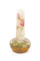AN ART NOUVEAU ETCHED DAUM GLASS CAMEO AND ENAMEL SOLIFLEUR VASE DECORATED WITH SWEET PEA FLOWERS AN