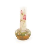 AN ART NOUVEAU ETCHED DAUM GLASS CAMEO AND ENAMEL SOLIFLEUR VASE DECORATED WITH SWEET PEA FLOWERS AN