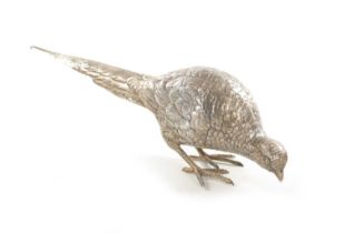 AN EARLY 20TH CENTURY SILVER SCULPTURE OF COCK PHEASANT