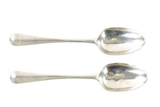 A PAIR OF GEORGE III SILVER SCROLLED SHELLED BACK TABLESPOONS