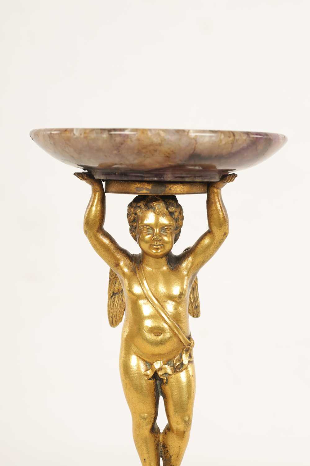 A REGENCY FIGURAL GILT BRONZE, MALACHITE AND BLUE JOHN TAZZA - Image 2 of 11