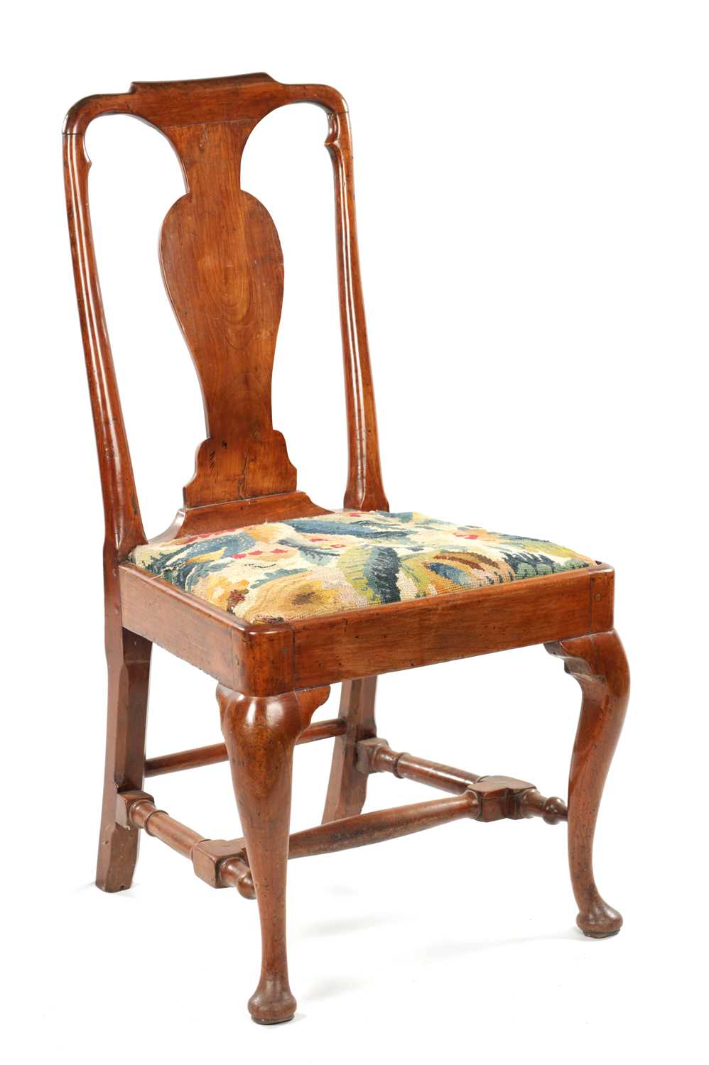 AN EARLY 18TH CENTURY FRUITWOOD SIDE CHAIR WITH PERIOD NEEDLEWORK COVERED SEAT