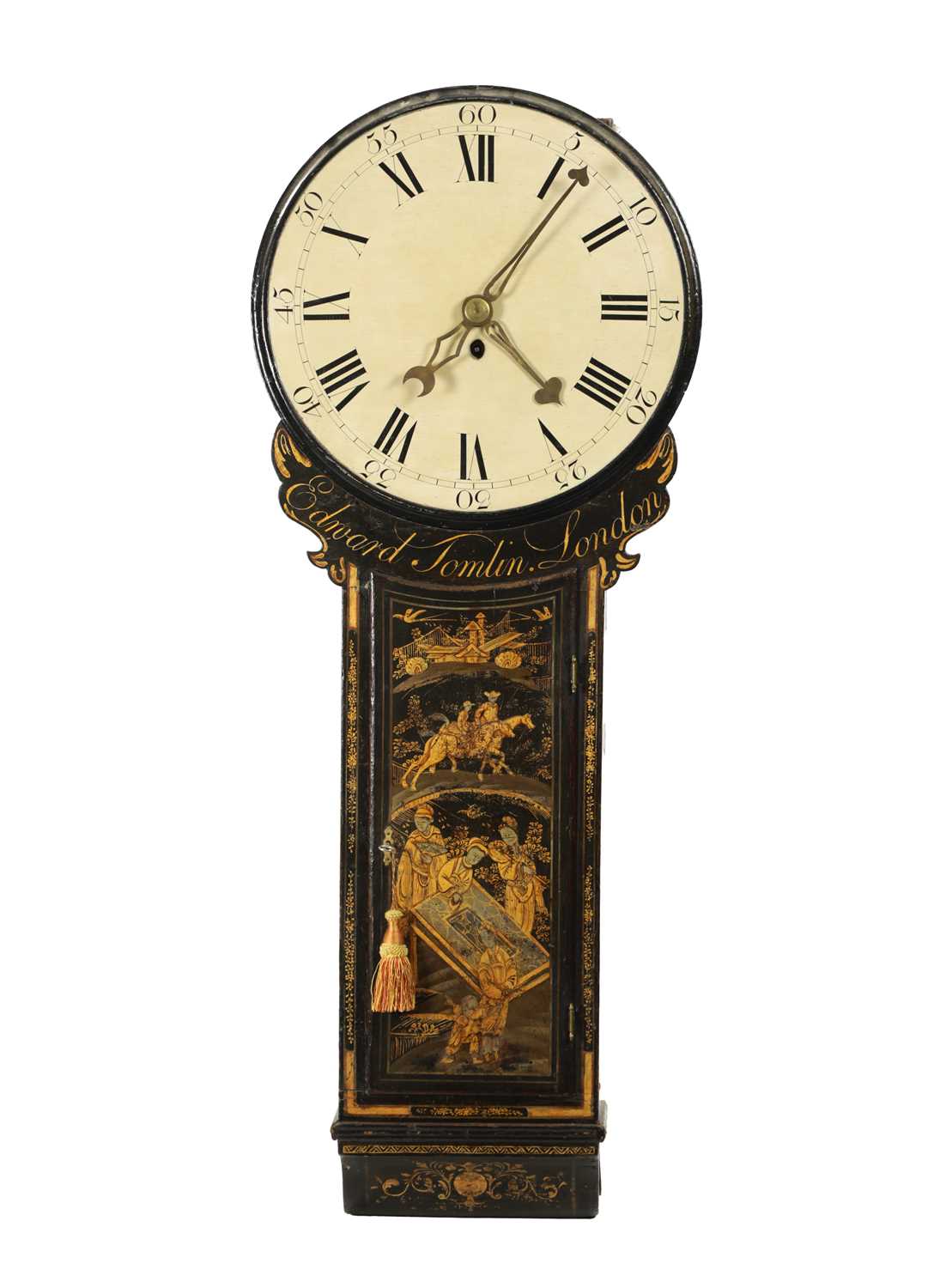 EDWARD TOMLIN, LONDON. A GEORGE III LACQUERED CHINOISERIE TAVERN CLOCK