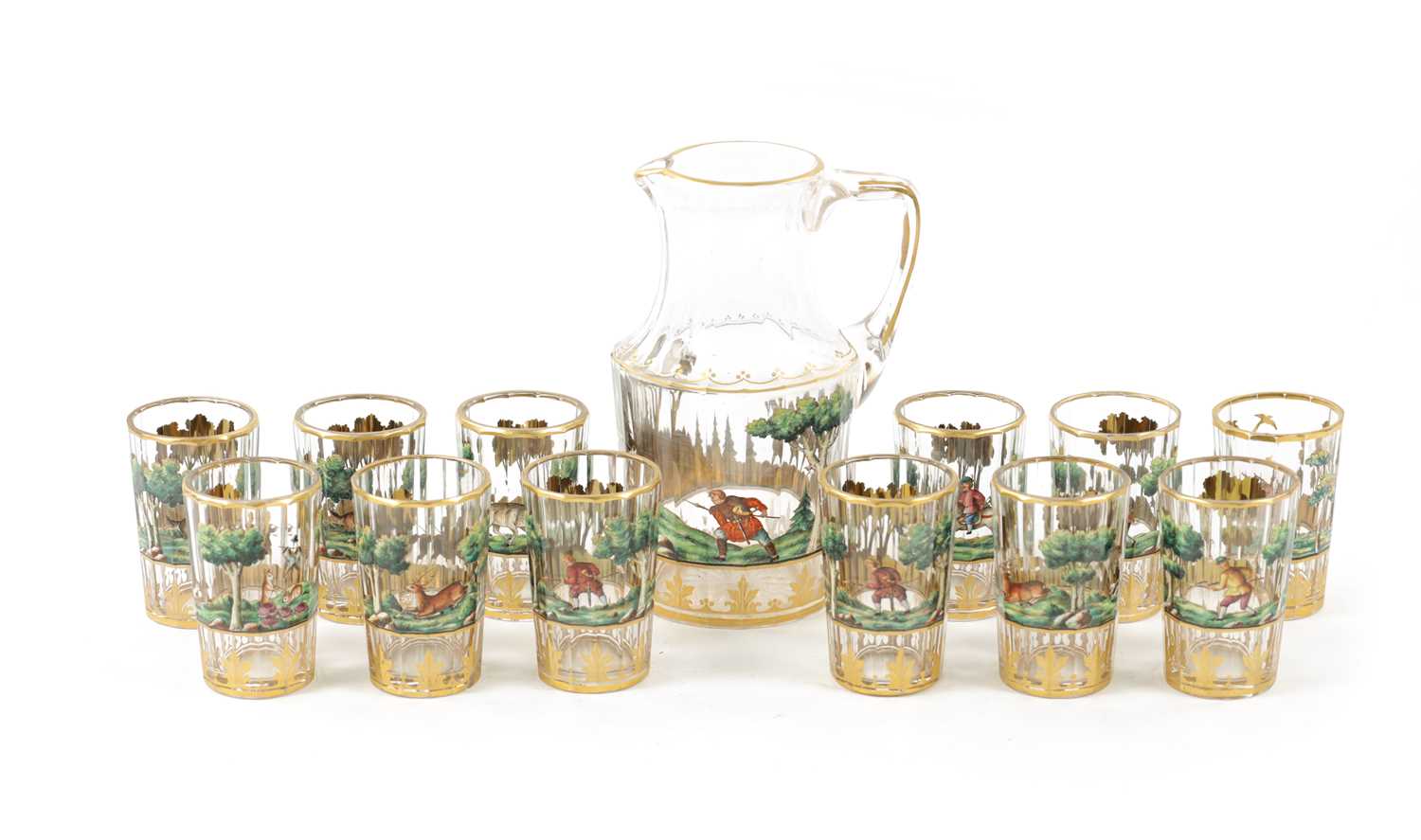 A LATE 19TH CENTURY BOHEMIAN GLASS AND ENAMEL DRINKS SET