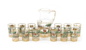 A LATE 19TH CENTURY BOHEMIAN GLASS AND ENAMEL DRINKS SET