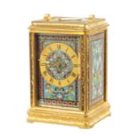 A LATE 19TH CENTURY FRENCH CHAMPLEVE ENAMEL AND GILT BRASS ENGRAVED REPEATING CARRIAGE CLOCK