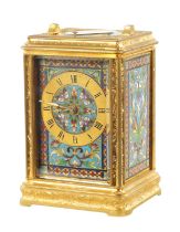A LATE 19TH CENTURY FRENCH CHAMPLEVE ENAMEL AND GILT BRASS ENGRAVED REPEATING CARRIAGE CLOCK