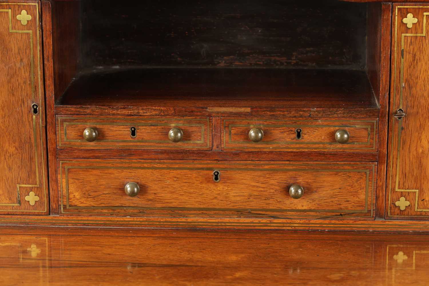 A FINE REGENCY BRASS INLAID ROSEWOOD BONHEUR DE JOUR IN THE MANNER OF JOHN MCLEAN - Image 3 of 14