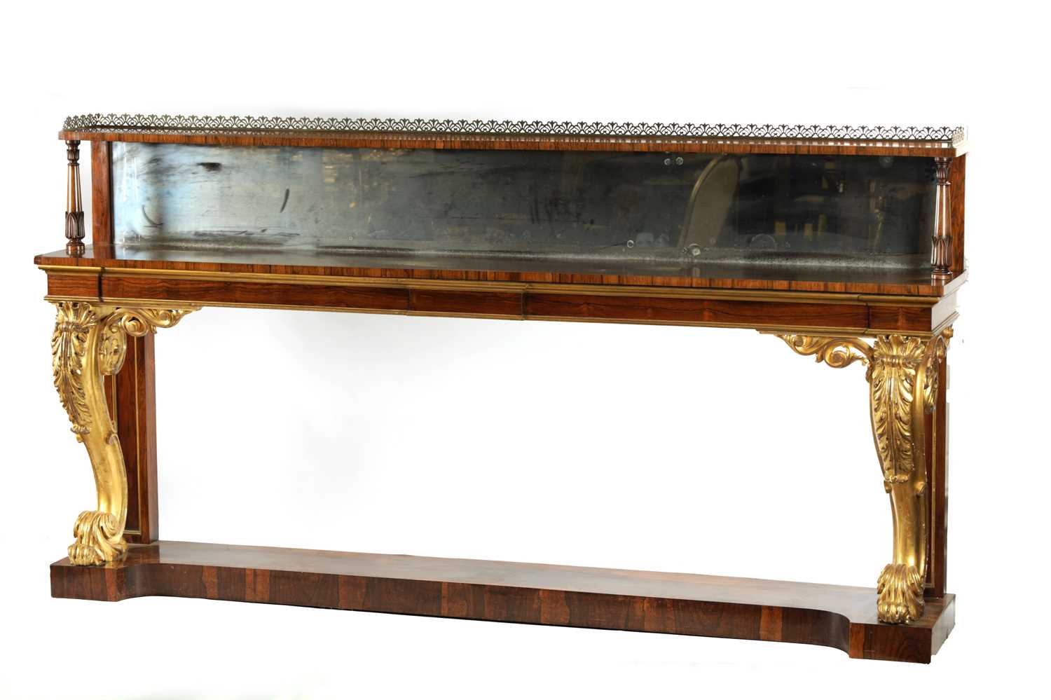 A MASSIVE PAIR OF REGENCY COUNTRY HOUSE FINE PAIR OF ROSEWOOD AND CARVED GILTWOOD CONSOLE TABLES IN - Image 2 of 8