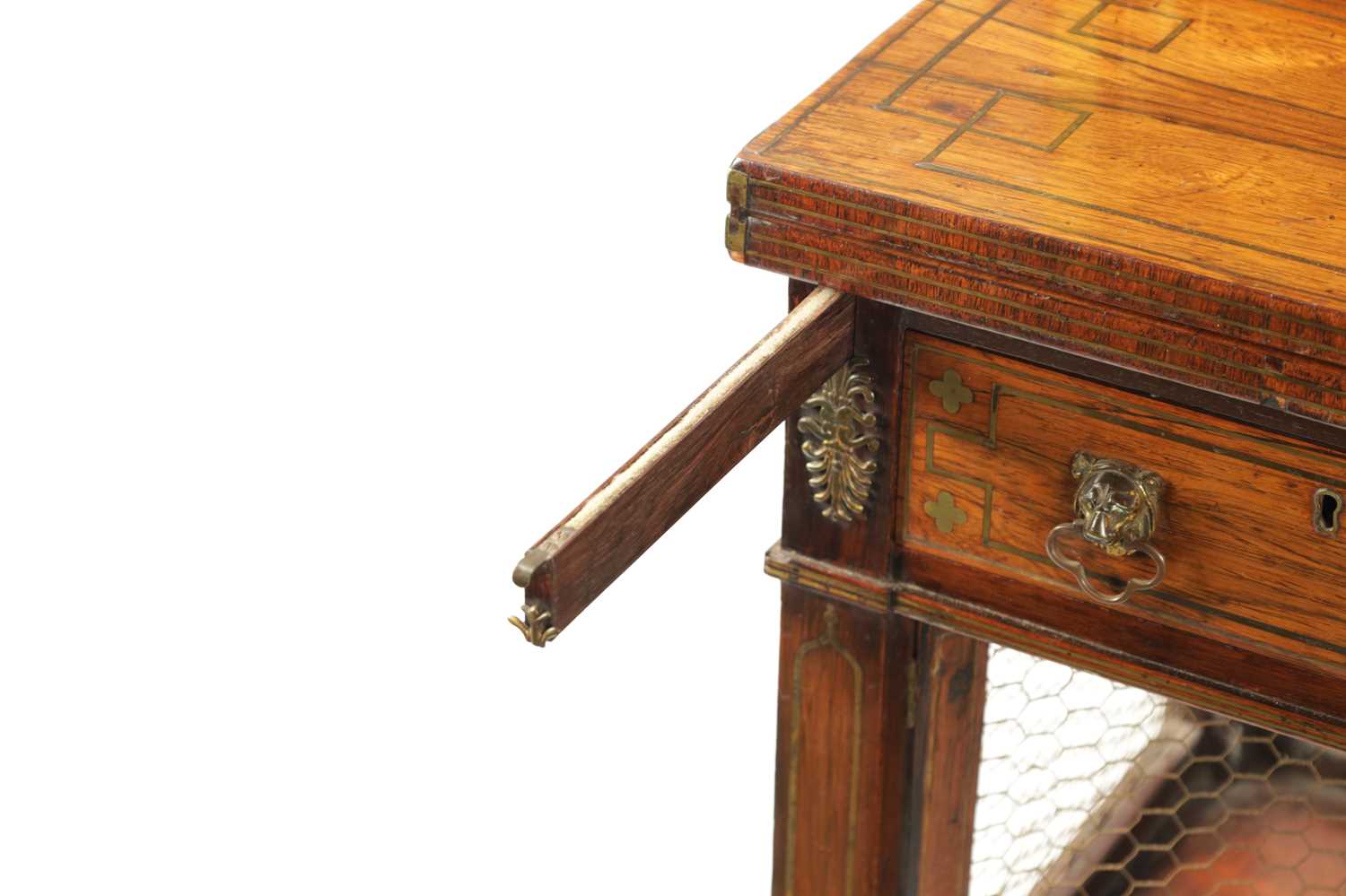 A FINE REGENCY BRASS INLAID ROSEWOOD BONHEUR DE JOUR IN THE MANNER OF JOHN MCLEAN - Image 11 of 14